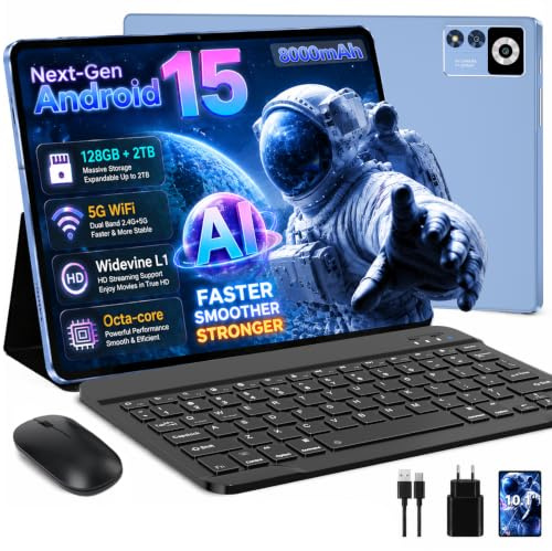 ZIOVO Tablet 10 Zoll Android 15 mit 30GB RAM+128GB ROM(TF 2TB), Gemini AI, 5G WLAN, Octa-Core 2.0GHz, Widevine L1, 8000mAh, BT 5.0, GPS, Face ID, Tablet mit Tastatur, Maus - Blau