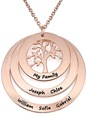 MYKA - Collana Personalizzata Famiglia con Cerchi e Albero della Vita in Argento 925 - Incisa con Nomi - Fatto su Misura Gioielleria - Regalo per Mamma o Nonna