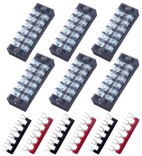 CEEYSEE Schraubklemmenleiste, 6 Stück 6 Positionen zweireihig abgedeckte Schraubklemme 600V 25A + 6 Stück 6 Positionen vorisoliert schwarz/rot Gabelklemmleiste 400V 25A (DTB2506)