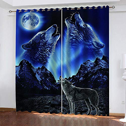 GDYRBY Blickdichter Vorhang Schlafzimmer Verdunkelungsvorhang Wohnzimmer Kinderzimmer Wärmedämmvorhang Fensterdekoration 3D Hd Druck Moonlight Animal Wolf Muster Gardinen Mit Ösen 220X210cm(HxB)