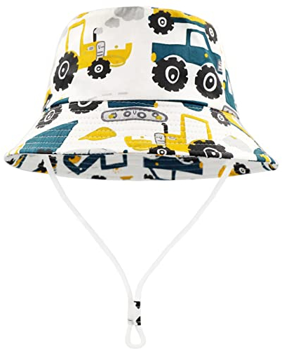 FenFang Sonnenhut Baby Kinder, Baufahrzeuge Fischerhut Kind Jungen Mädchen, Sonnenmütze mit Kinnriemen, Eimerhut Strandhut Kappe Mütze Frühling Sommer (2-4 Years, Weiß)