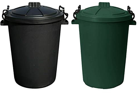 (𝐒𝐞𝐭 𝐎𝐟 𝟐) 50 Litre Clip Lock Storage Bin Large Dust Bin Food Grade Heavy Duty Plastic Kitchen Bin Waste Rubbish | Garden Compost Animal Feeding Bin - Made in UK. (Dark Green, Black)