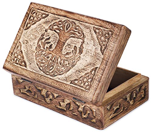 Ajuny Coffret Décoratif en Bois Sculpté à la main Avec Sculptures d'arbre de vie Celtique Blanc - Utilisation Polyvalente comme Rangement de Bijoux Porte Bibelots ou Coffret de Montres