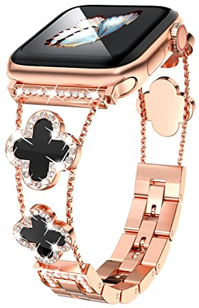 Correas de repuesto para Apple Watch 42 mm,38 mm, Bling Women Crystal Rhinestone Ajustable Stainless Steel Four Leaf Clover Metal Bracelets for iWatch Series SE 7 8 6 5 4 3 2 1
