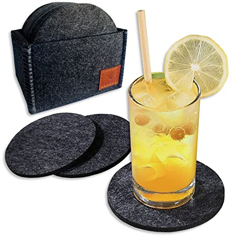Leaf Lovers Filzuntersetzer rund - 12er Set Glasuntersetzer Filz 10cm - Untersetzer Gläser dunkelgrau - Tassen Untersetzer Set mit Aufbewahrungsbox - edles Design