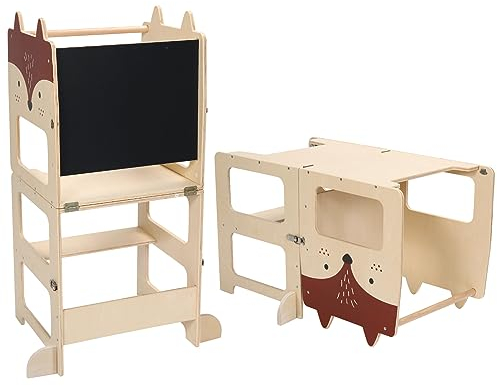 labebe Lernturm ab 1 Jahr(92 * 38.5 * 42cm), klappbar Montessori Learning Tower,3 in 1 Montessori Lernturm Kinder mit Message Boards ab 1 Jahr aus Holzwerkstoff