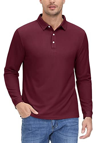 MAGCOMSEN Men's Long Sleeve Polo Shirts Athletic Quick Dry Golf T-Shirts Casual Work Tee Top with 3 Buttons, Wine Red, L