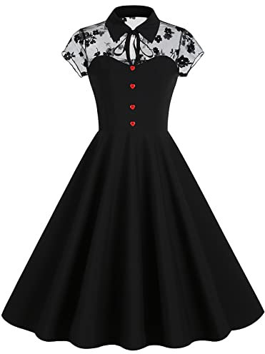 Women Mesh Floral Embroidery Vintage Cocktail Swing Dress Illusion 50s Goth Flared A line Casual Wedding Prom Evening Dress, Black Floral, XXL
