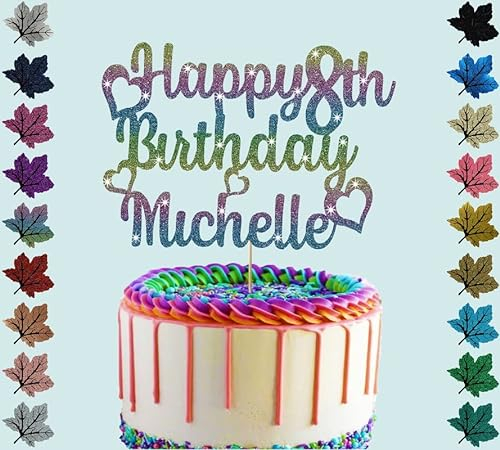 Personalised Birthday Glitter Cake Topper With Hearts Any Name & Age (rainbow)
