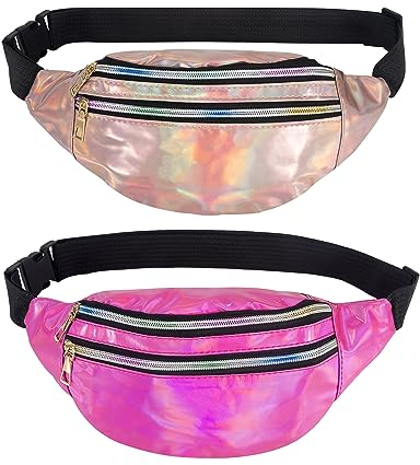 2 STK Bauchtasche Damen Glitzer, Gürteltasche Metallic, wasserdichte Hüfttasche, Guerteltasche Verstellbarer, für Mädchen Frauen Männer Kinder Party Festival Sport Outdoor Reisen - Rosa, Champagner
