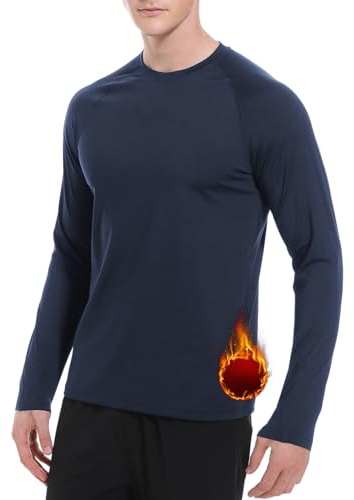 Cagola Men's Thermal Shirts with Thumb Loops Fleece Lined Long Sleeves Mid Weight Crew Neck Base Layer Tops Winter Workout Keep Warm Navy M