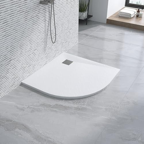 Duschtasse 90x90 cm flach Viertelkreis halbrund weiß ebenerdig Steinoptik Anti-Rutsch Zuschneidbar ohne Siphon und Ablaufgarnitur