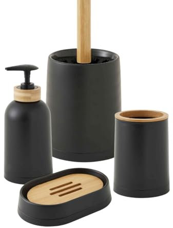 Set de Salle de Bain 4 pièces en Plastique et Bambou Noir