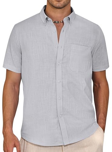 J.VER Men's Linen Cotton Shirts Shrink Free Short Sleeve Button Down Regular Fit Shirt Casual Breathable Light Summer Holiday Beath Shirts with Pocket Grey XL