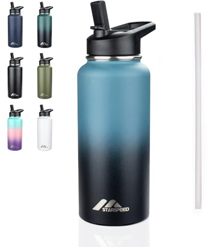 StarSpeed 32oz Insulated Water Bottle with Straws & 2 Lids, Stainless Steel Double Walled Vacuum Water Flask, Wide Mouth Sports Water Bottle for Gym Camping Hiking, Indigo Black