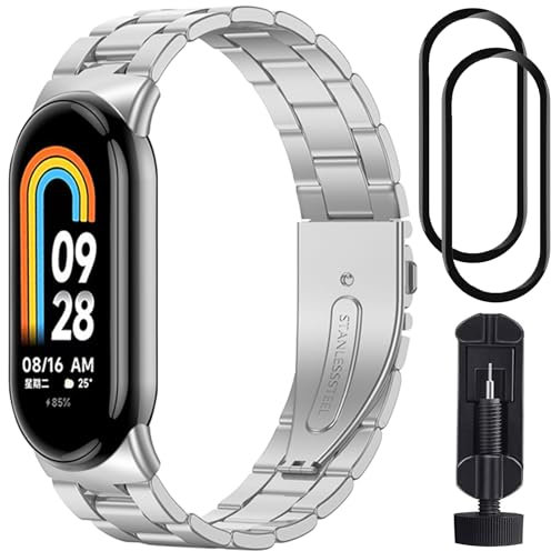 BANGTING Armband Metall Kompatibel mit Xiaomi Mi Band 10/9/8, Ersatzarmband für Miband 10 Ersatzbänder Mi Band 9 Edelstahl Armbänder Strap(Silbrig (DreiPerlen))