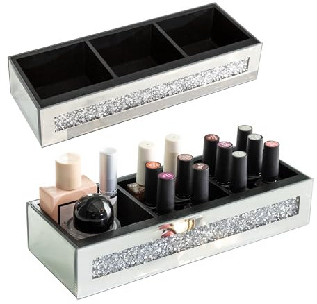 SHYFOY Spiegel-Parfümtablett für Kommode, zerkleinerte Diamanten, verspiegeltes Tablett, 3 Fächer, Kristallglas-Tablett für Schminktisch, silberfarbenes Make-up-Organizer, dekoratives Tablett,