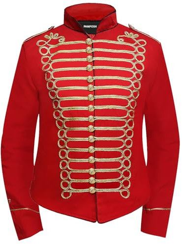 Pamposh Femmes Steampunk Hussar Militaire Batteur Parade Vestes - Napoleon Gothic Clothing - Ladies Marching Band Vestes - Emo Punk Femmes Vestes, Rouge/doré, M
