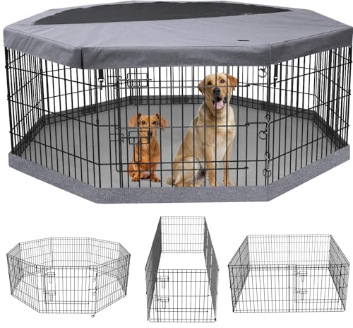 PETIME Zusammenklappbarer Metall-Hunde-Laufstall für Welpen, Hundehütten, Hofzaun, Indoor/Outdoor, 8 Paneele, 61 cm B mit oberer Abdeckung und unterer Polsterung (Laufgitter + Unterseite + obere