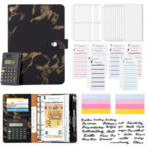 Budget Planner Deutsch mit Taschenrechner A6 Budget Binder Cash Stuffing Finanzplaner Sparchallenge Budgetplaner Geld Organizer Sparbuch Geldplaner Haushaltsbuch mit Geldfächer (Marmor Schwarz)