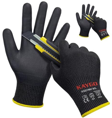 KAYGO Cut Resistant Work Gloves - 2 Pairs, Level C Protection, MicroFoam Nitrile Coated Good Grip Machine Washable, Cut Proof Safety Gloves EN388 4X42C, Ideal for Construction DIY, KG21N (Black, L)