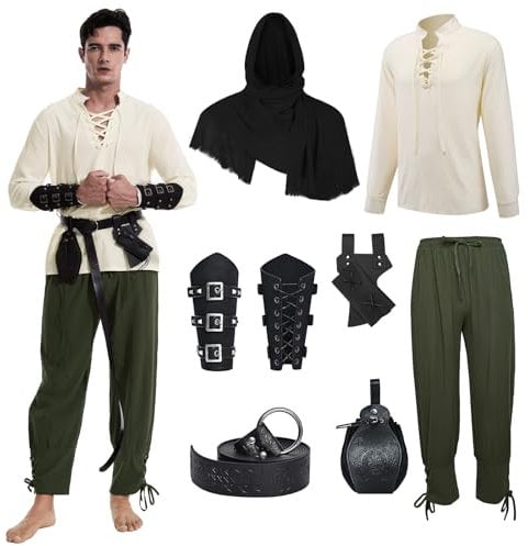 Mittelalter Herren Renaissance Kostüm Set, Viking Kostüm Schnürhemd Herren Hose mit Zubehör, Halloween-Kostüm für Cosplay, Zauberer, Maskerade (Grüne Hose, M)