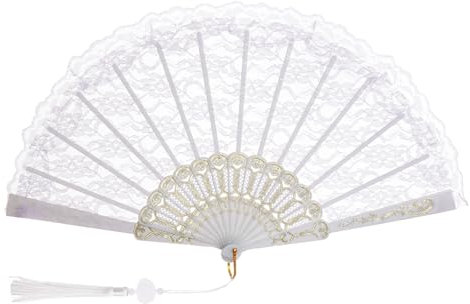 Jmkcoz Lace Handheld Folding Fan Embroidered Flower Bridal Hand Fan Chinese Japanese Vintage Fan for 1920s Costume Wedding Dancing Tea Party (1, White)