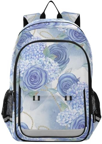 Kids Laptop Backpack Blue Hortensia Rose Hydrangea High Middle School Casual Daypack Daily Travel Laptop Bag