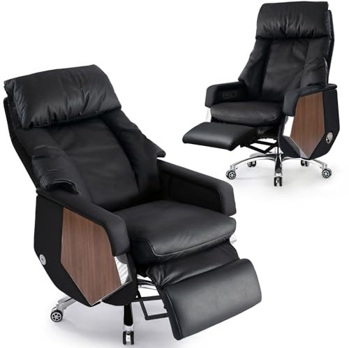 EMIAH Ergonomischer Bürostuhl mit Fußstütze Elektrischer Liegefunktion Chefsessel Massagefunktion und Verstellbarem hohen Rücken Bequemer Schreibtischstuhl mit Hoher Rückenlehne Echtem Leder (Schwarz)
