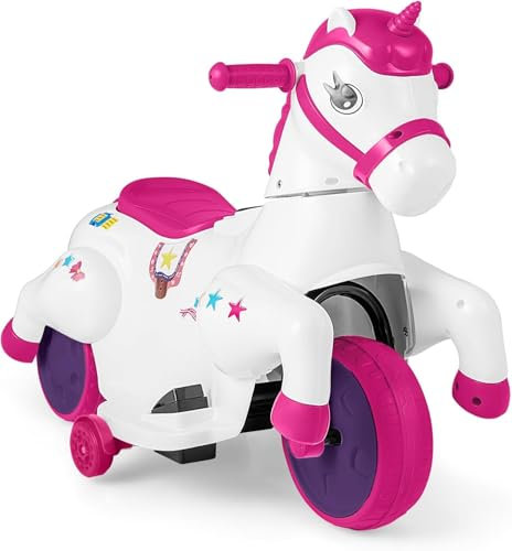 FANTASK 2 Modi Elektro Motorrad Kinder, Rosa Schaukelpferd 3 km/h, Elektromotorrad Musik & LED & Stützrädern, Elektro Fahrzeug für Kinder ab 3 Jahren