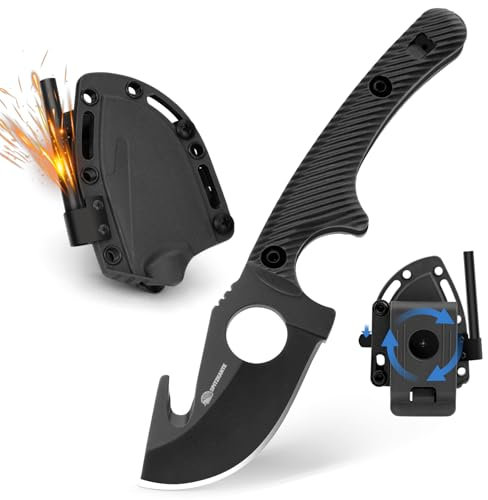SPITZKANTE Kleines Messer mit fester Klinge mit Scheide, Feuerstarter HO-YAN, mit drehbarem Gürtelclip, Taktisches EDC Horizontales Tragemesser, Survival-Pfeife