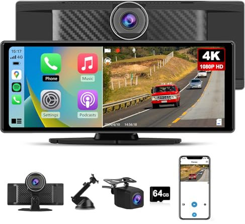 Hexinex 10.26”Pantalla de Coche CarPlay/Android Auto/MirrorLink Inalámbrico para Coche, Reproductor de Coche Pantalla Tactíl Admite 4K Dash CAM/Cámara de Trasera/Bluetooth/USB/SD/FM/Control por Voz