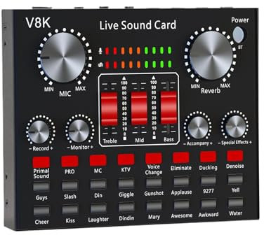 V8 Sound Card, Professional Audio Mixer, Voice Changer with DJ Effects, Compact Live Sound Card for Streaming, Podcasting, Karaoke, Recording, Black Metal Design