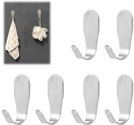 Trpoey - Gancho de pared para pared, 6 unidades, acero inoxidable, carga de carga, 2 kg, ganchos de pared, acero inoxidable, cepillado, pesado, metal, pequeño J gancho simple, adhesivo potente sin