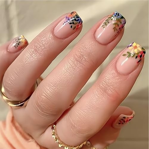 24pcs Colorful Flower Press on Nails with Glue,Square Short Fake Na/ils,Floral Sho/rt Fake Nai/ls,Press on N/ails Shor/t,False N/ails Tips,Shor/t Fak/e Nai/ls for Women,Full Cover Fak/e Nai/l Tips