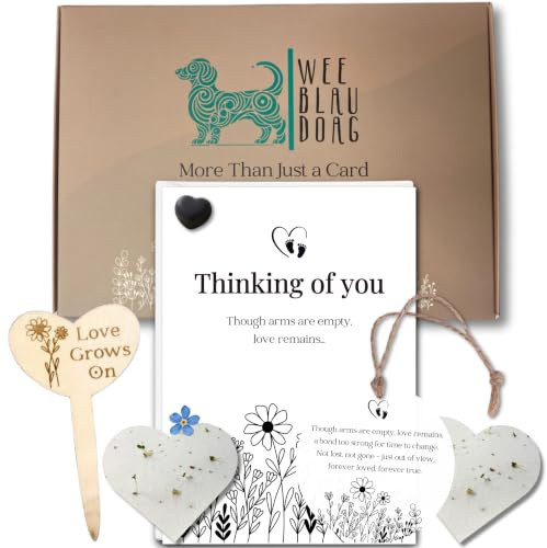 Wee Blau Doag Baby Loss Gift | Miscarriage Memorial Keepsake for Mum & Dad | 5-piece keepsake set: memorial plaque, keepsake pin, condolence card, seeded hearts, plant marker & gift-ready packaging