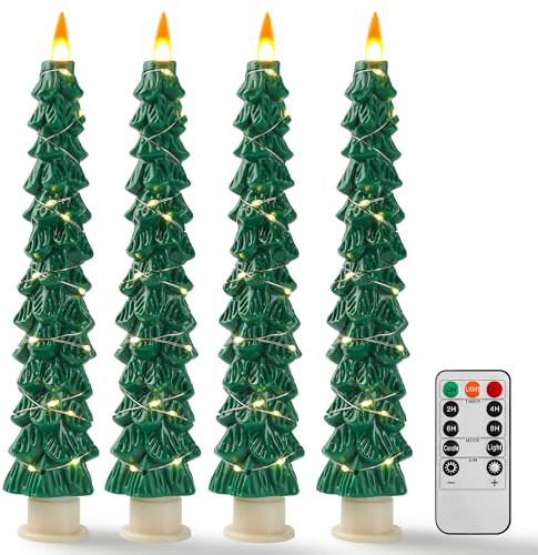 4 Velas LED con Forma de Árbol de Navidad Verde, Velas Sin Llama con Cadena de Cobre, Efecto de Llama Realista Actualizado, Funcionan con Pilas y Mando a Distancia para Decoración Navideña y Hogar