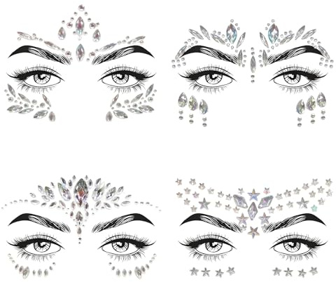 4 Stücke Glitzersteine Gesicht Festival, Steine Gesicht Selbstklebend Temporäre Tattoos, Gesichtstattoo Glitzer für Fasching, Musikkarneval, Party, Make-up