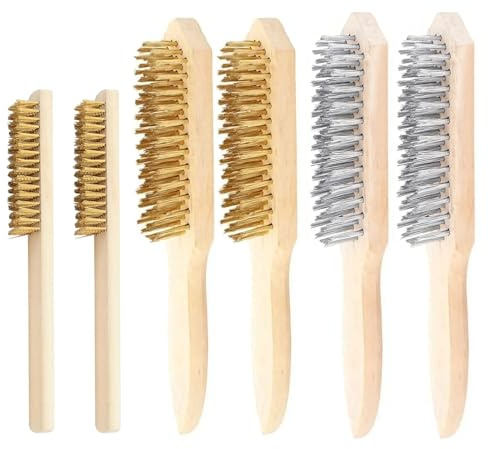 6 Pcs Messingbürsten Stahlbürsten mit Holzgriff, Edelstahl Drahtbürsten Set | Metallbürste mit Holzgriff 6-Teilig, Handdrahtbürste, Drahtbürste Messing, für Sauberen Rost Schmutz, 2 Größen (13/16-Reihig)