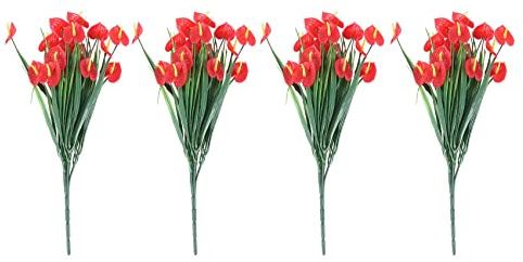 Sirxlevcy 4 Bunches Artificial Fake Flowers Faux Anthurium Plants Plastic Shrubs Bushes Greenery Indoor Outside Hanging Planter Home Decorations
