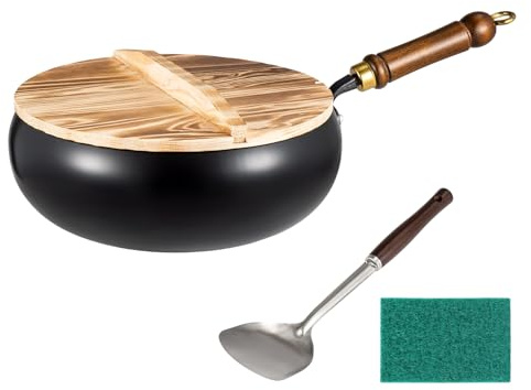 GREENSAPPIRE Uncoated Iron Pan with Wooden Lid,Hand Forged Non-Stick Irons Pans,Big Belly Pot Ironss Panss Stock Pot, for Kitchen Home High-Heat Frying(28cm)