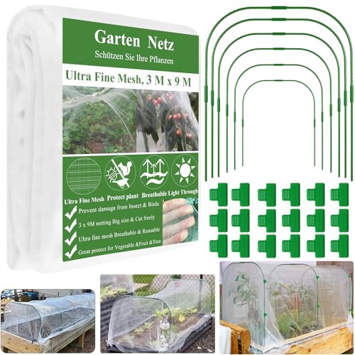 WYRJXYB Pflanztunnel Bögen Kit,3X9M Insektenschutznetz,6 Sets Rostfreier Stahl Tunnelbögen mit 18 Clips,Folientunnel Pflanz Tunnel für Netz Pflanz Abdeckung Hochbeet, Gemüsenetz,Obst