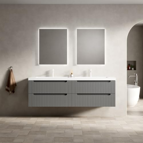 DHWDS Badezimmerschrank 160cm mit Doppelwaschbecken, Schwimmend/Vom Boden Befreit, Integrierte Waschbecken aus Mineralwerkstoff, 4 Soft-Close Schubladen, Vormontiert, Modern in Dunkelgrau