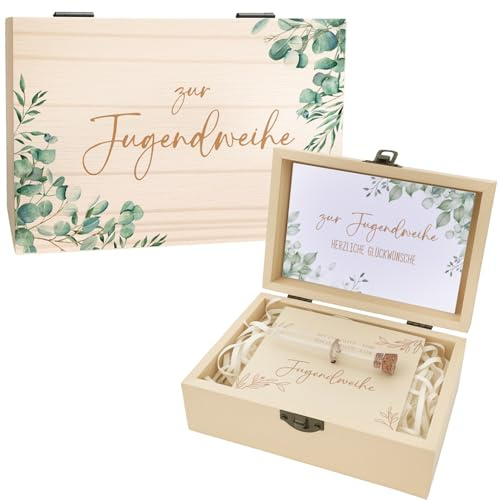 Jugendweihe Geschenke, Geldgeschenke Verpackung Jungen Mädchen, Truhen Holzbox mit Eukalyptusblätter Grußkarte Holz Geldgeschenke (Jugendweihe)