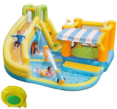 Aufblasbarer Spielplatz mit Boxring & Wasserrutsche – Hüpfburg mit Trampolin, Planschbecken, Basketball, Kletterwand, Sonnendach, Gebläse inkl., 433x375 cm