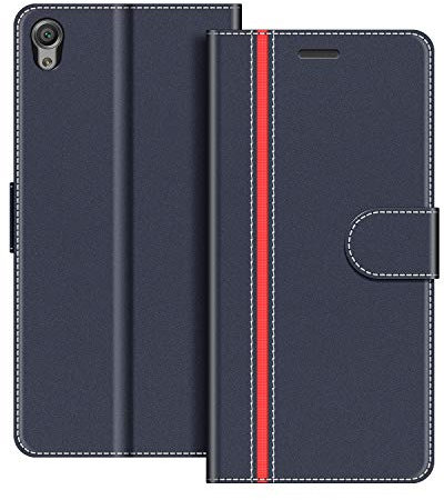 COODIO Handyhülle für Sony Xperia X Handy Hülle, Sony Xperia X Hülle Leder Handytasche für Sony Xperia X Klapphülle Tasche, Dunkel Blau/Rot