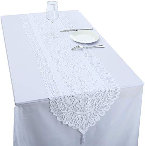 mookaitedecor 13x70 Inch White Lace Table Runner for Wedding Festival Party Christmas Table Centrepiece Living Room Home Desk Decor, Vintage Elegant Floral Dinner Table Runner with Tassels