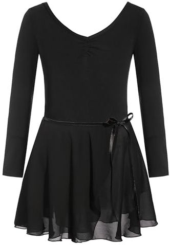 FONLAM Mädchen Ballettkleid Balletttrikot Langarm Tanzkleid Tanzbody Ballettrock Chiffon Tutu Kinder Ballettanzug Baumwolle (11-12 Jahre, Schwarz)