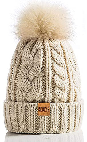 REDESS Damen Winter Bommel Beanie Mütze mit warmem Fleece gefüttert, Dicker Slouchy Snow Knit Skull Ski Cap