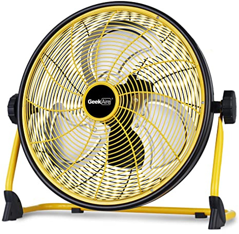 Geek Aire Ventilador de piso recargable de alta velocidad para acampar al aire libre, ventilador portátil de 16 pulgadas con hoja de metal para garaje, accesorios de equipo de camping